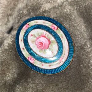 Oval Floral Enamel Pin with Teal and Pink Rose read pen is broken easy fix